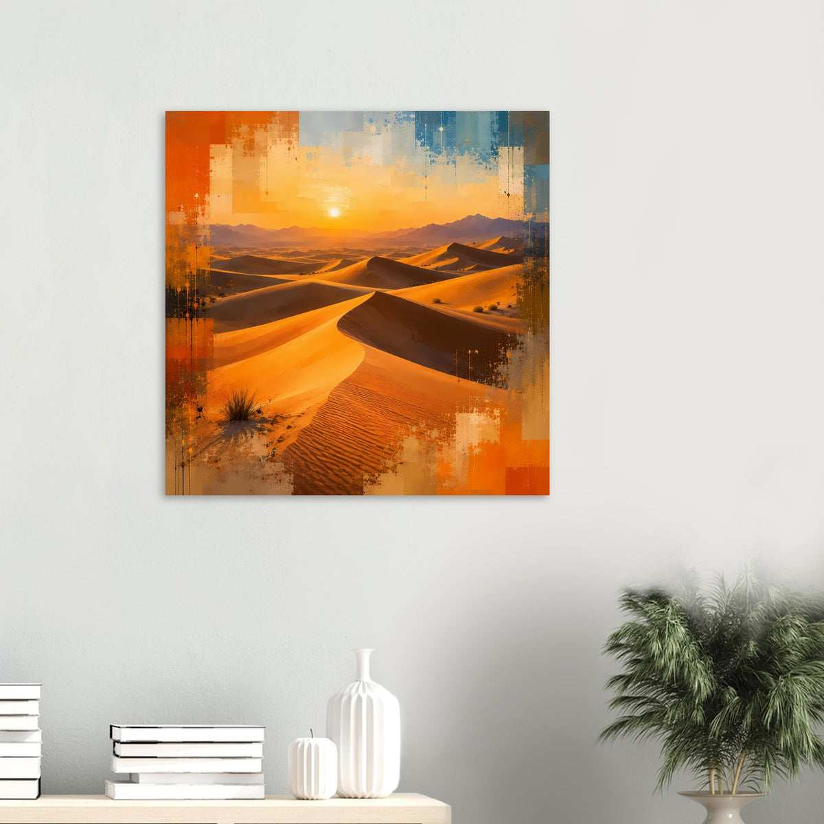 Wandposter mit Dünenlandschaft und tiefem Sonnenuntergang, orange-gelbliche Farbtöne