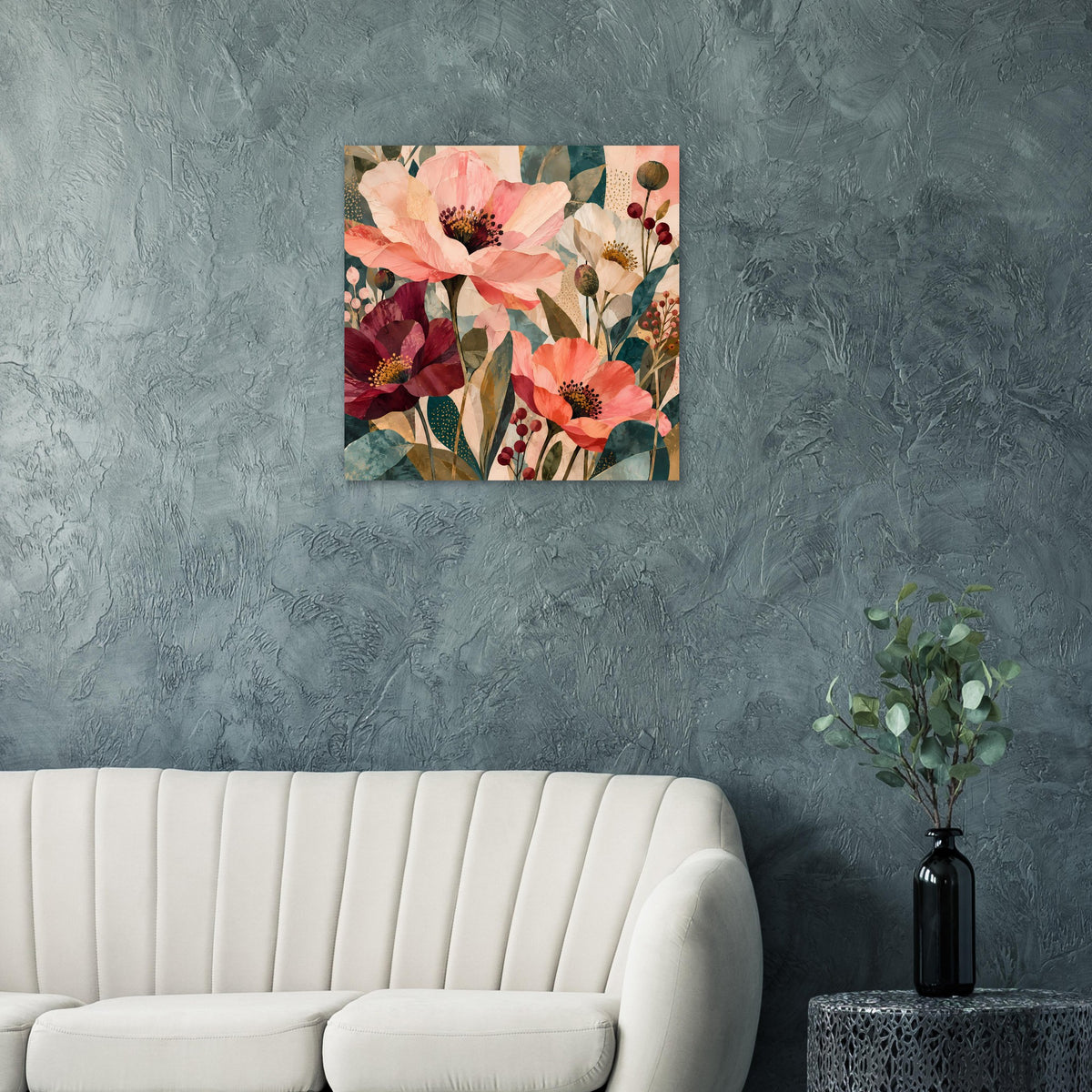 Quadratisches Blumen-Kunstposter mit Korallrosa Blüten und burgunderroten Nuancen