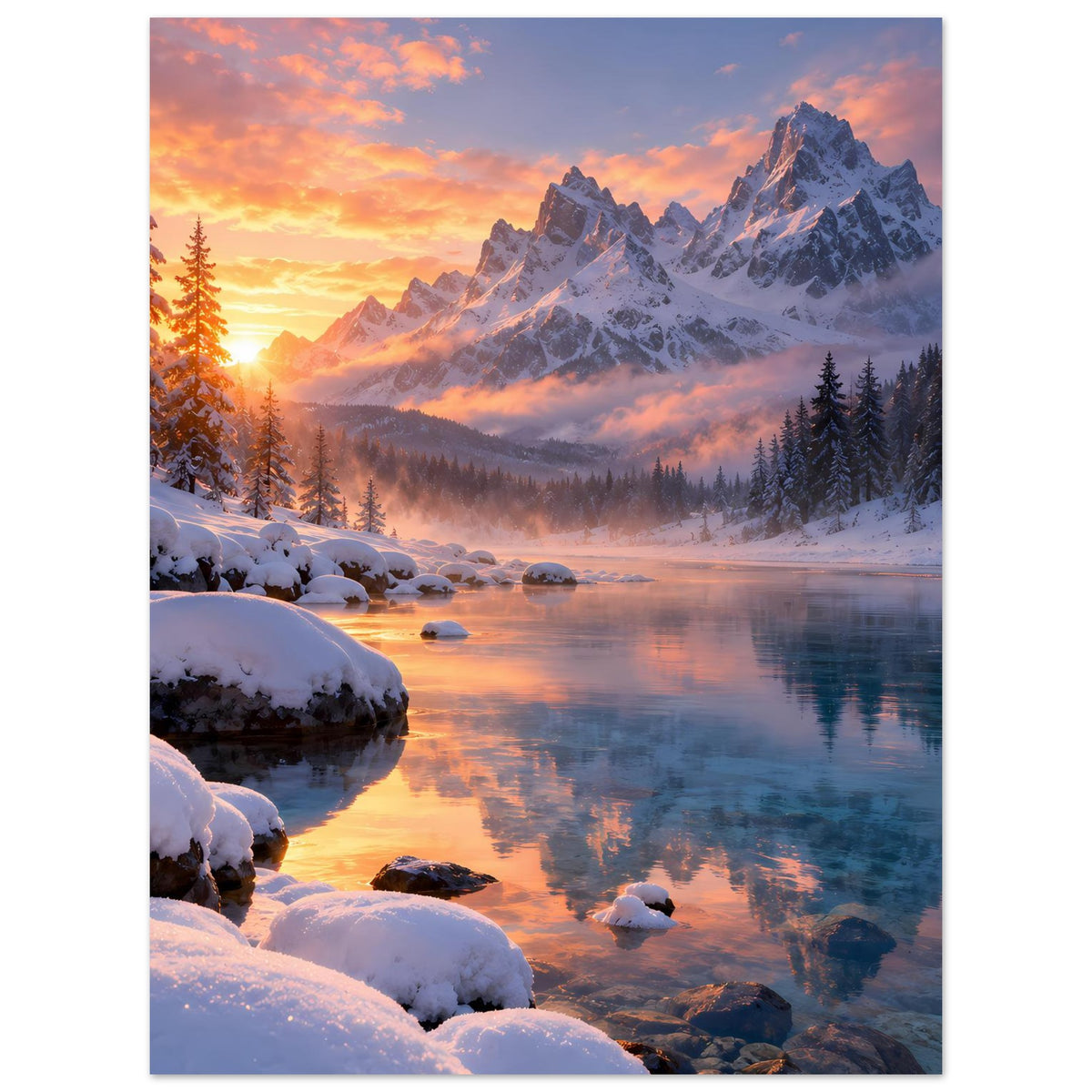 Poster: Alpenlandschaft bei Sonnenaufgang mit verschneiten Bäumen und See