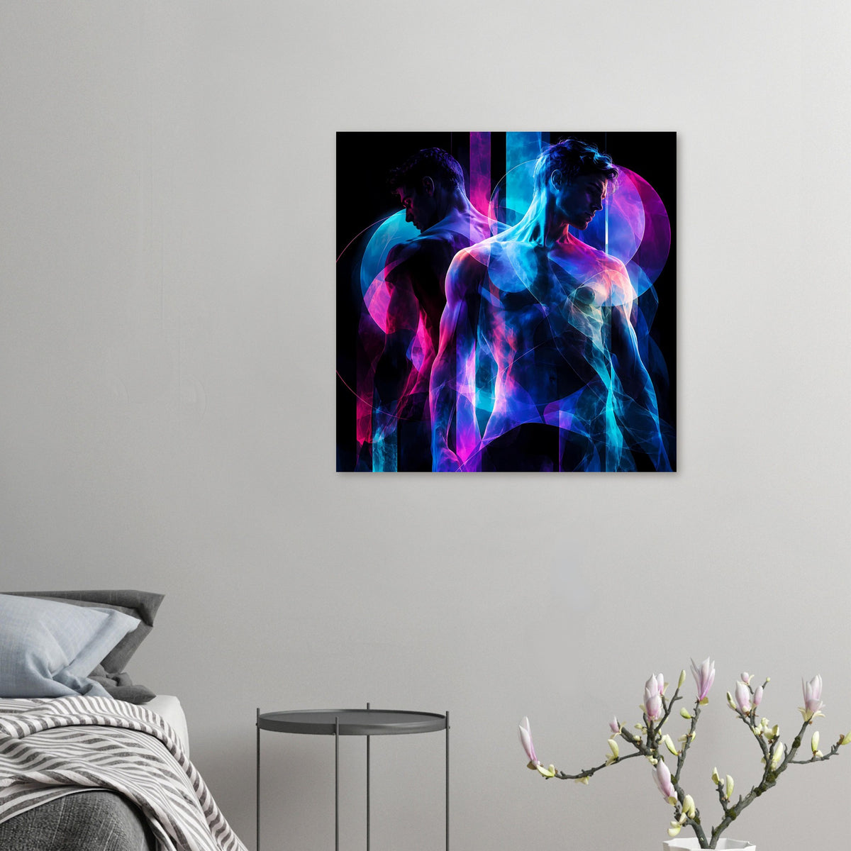 Gerahmtes Neon-Kunstposter: zwei Silhouetten in Blau und Pink mit leuchtenden Linien