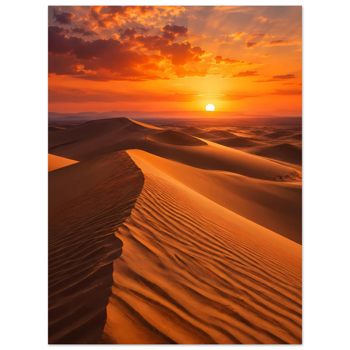 Poster mit Sonnenuntergang über Wüsten-Dünen, Sonnenball am Horizont, vertikal