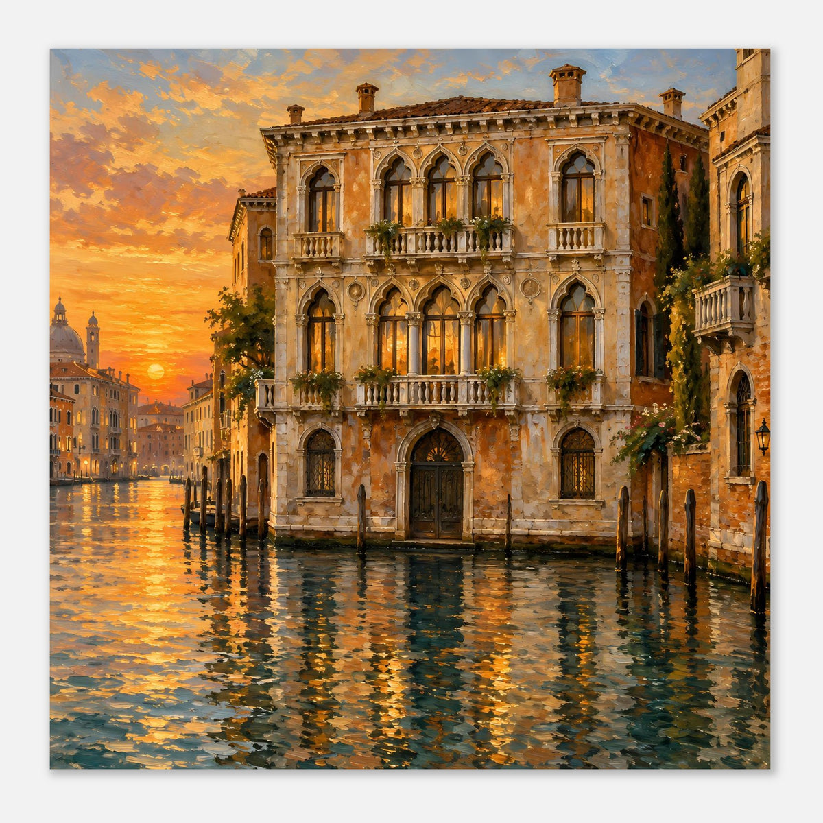 Poster im Querformat mit venezianischer Palastansicht rechts und Kanalwasser bei Sonnenuntergang