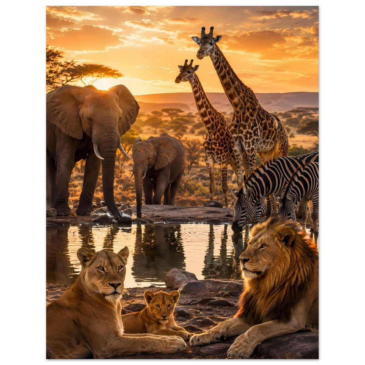 Poster mit Löwe und Löwin im Vordergrund, Elefanten, Giraffen und Zebra im Hintergrund
