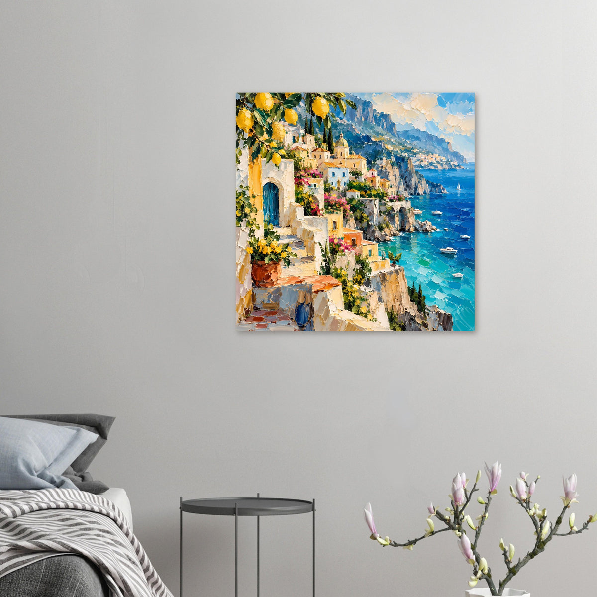 Quadratischer Posterdruck mit mediterraner Küste, bunten Häusern und türkisblauem Meer