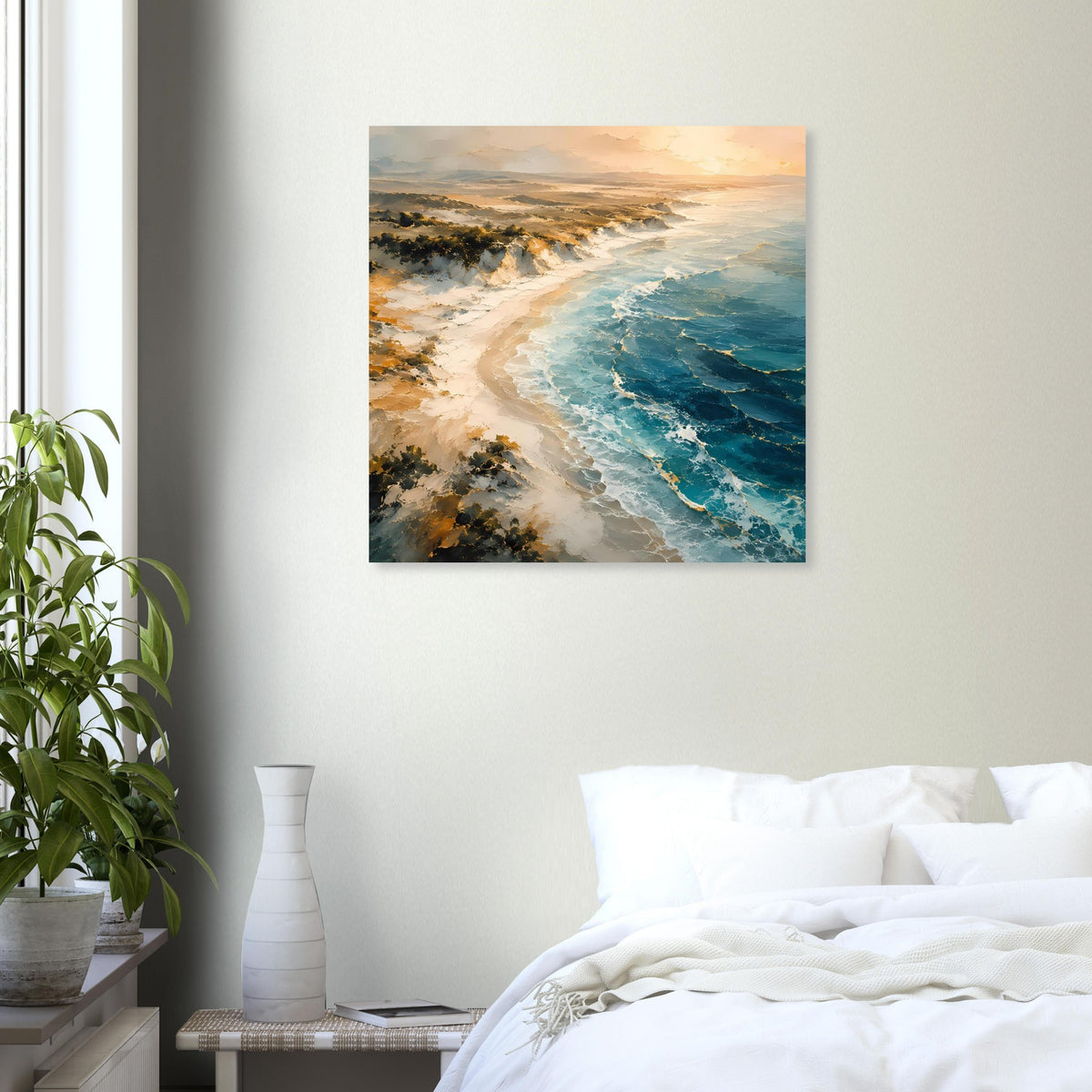 Meerstrand-Poster mit Sandstrand, türkisblauen Wellen und sanftem Abendlicht
