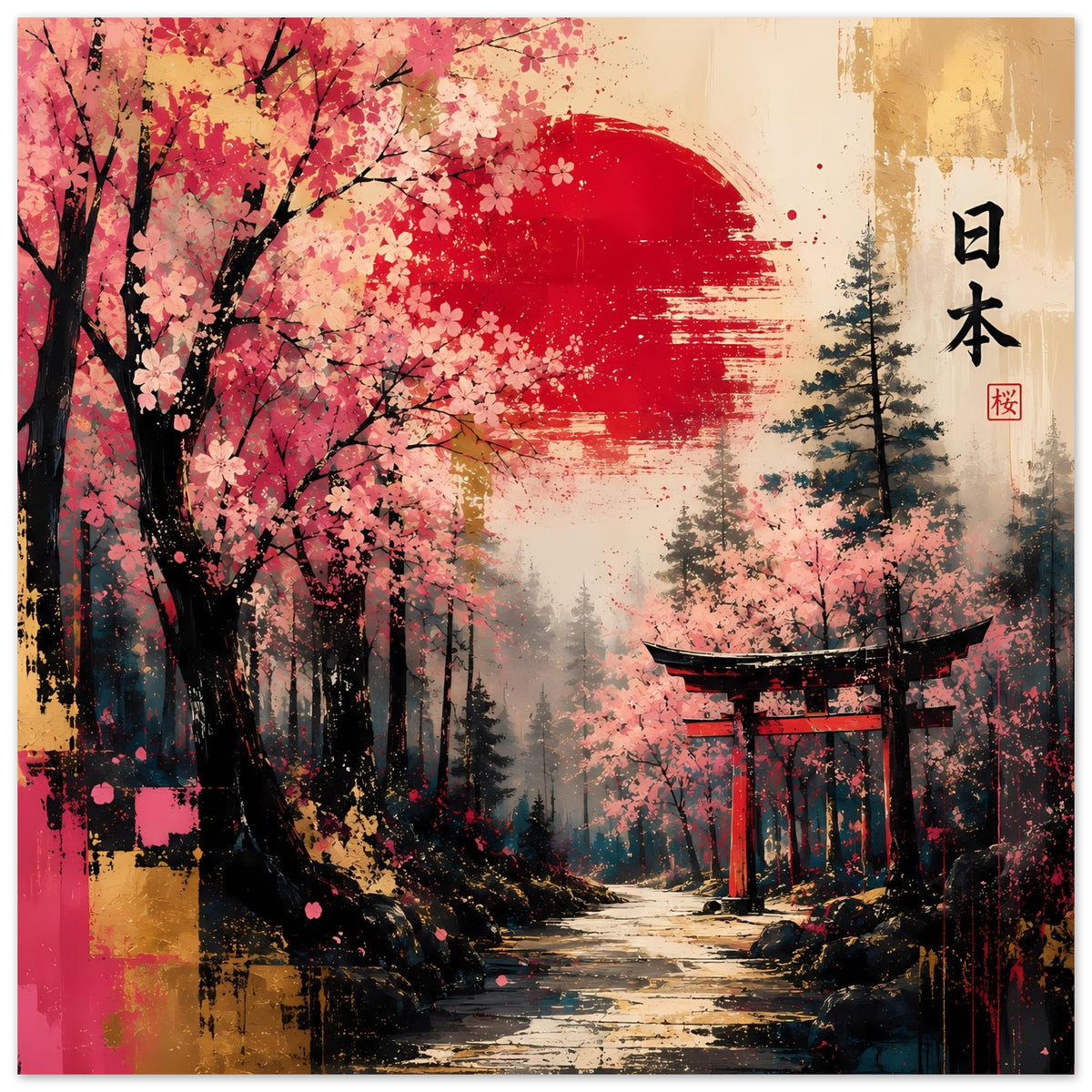 Zen-Poster mit Kirschblüten und rotem Torii, vertikal