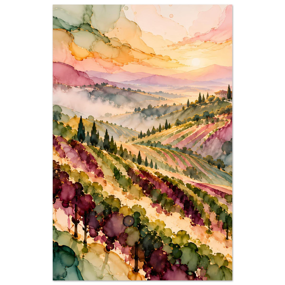 Vertikales Landschaftsposter: Weinbergshänge mit Rebenreihen, pastellfarbener Himmel und Dunst