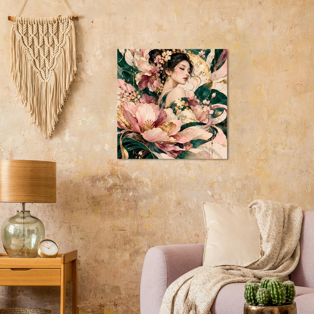 Elegantes florales Poster mit Frau und Blüten in Rosa, Grün und Gold