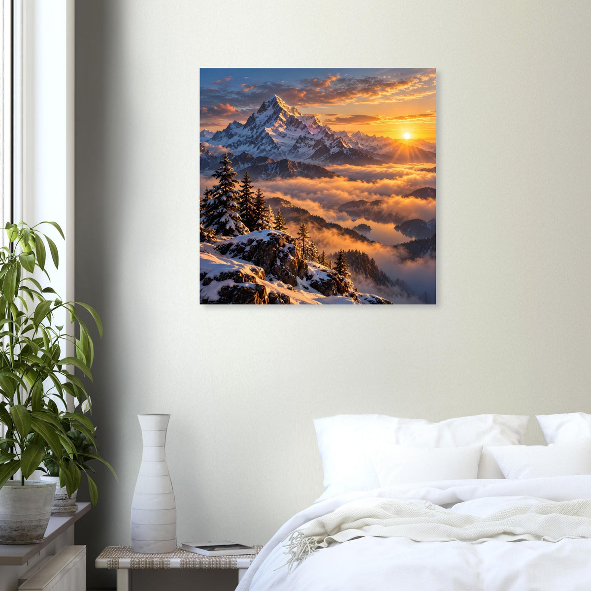 Quadratisches Poster an heller Wand mit Bergpanorama und Sonne am Horizont