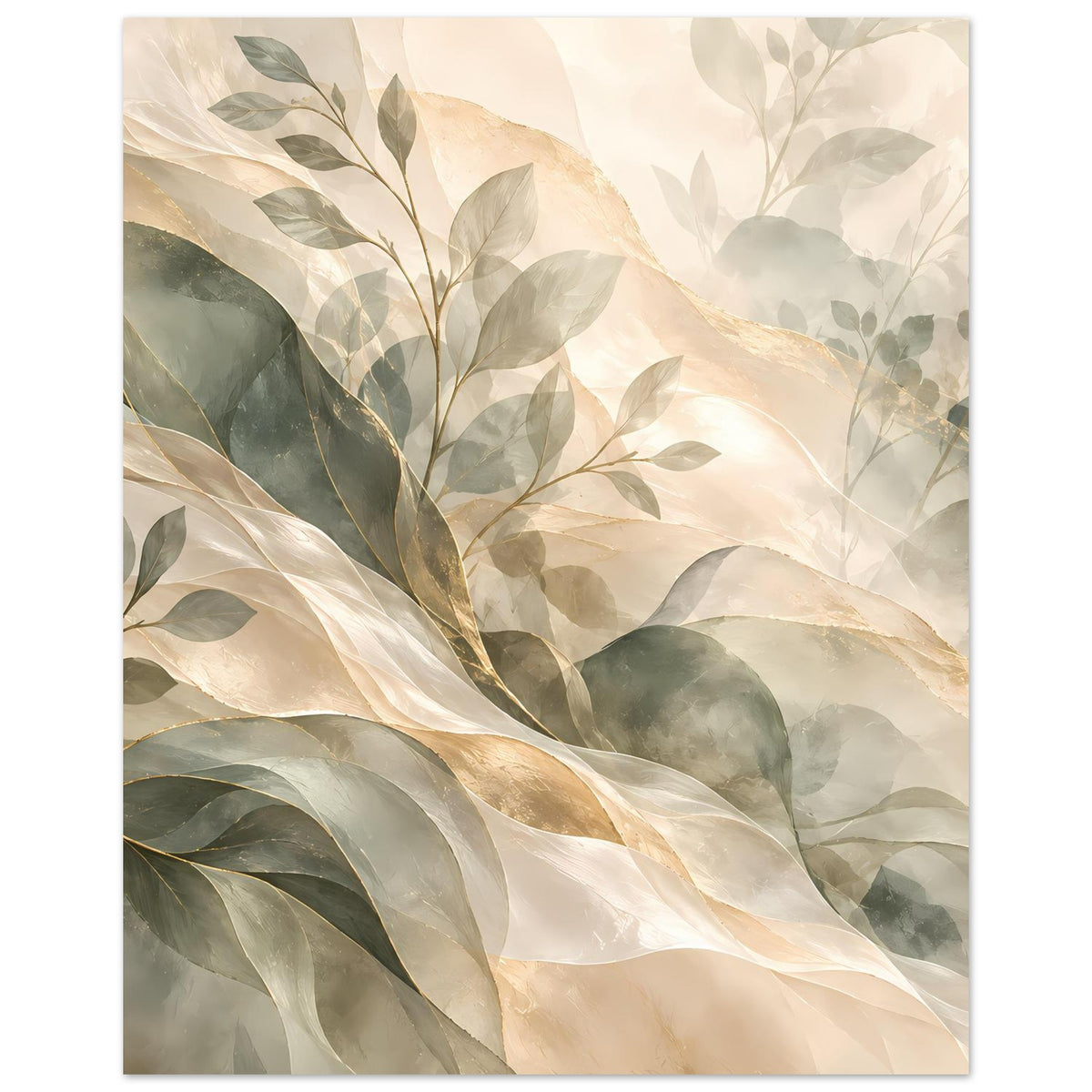 Rahmenkunstposter mit abstrakten Blättern in Salbeigrün, Creme und Gold