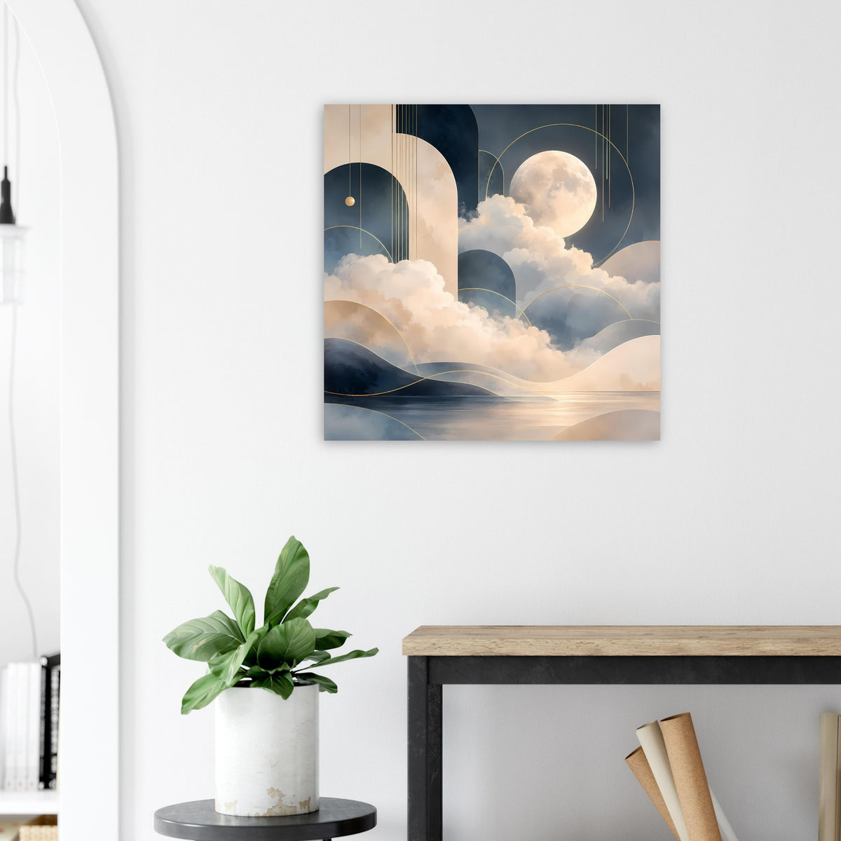 Abstraktes Mondlandschafts-Poster mit goldenen Akzenten: Mondscheibe und Wolken in Blau