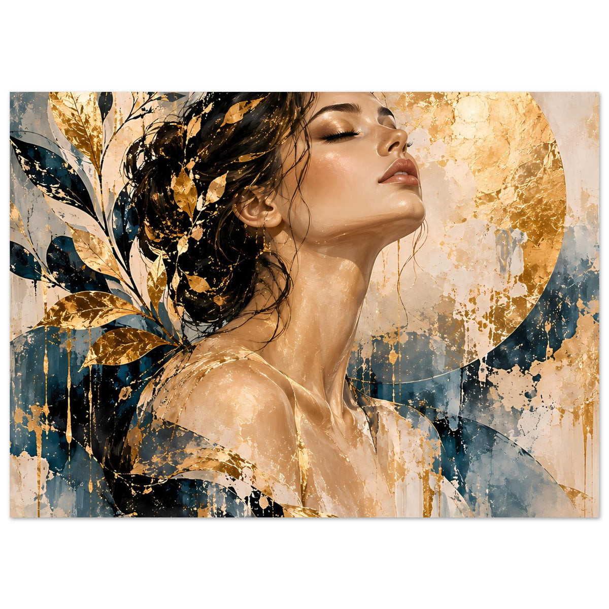 Kunstposter im Querformat: Frauenkopf mit goldenen Blattornamenten und kühlem Blau