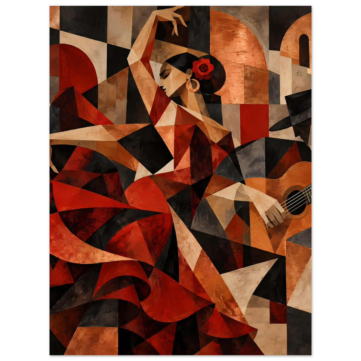 Kunstposter im Hochformat: Flamenco-Frau mit Hut und Gitarre, Patchwork-Optik in Rot/Beige