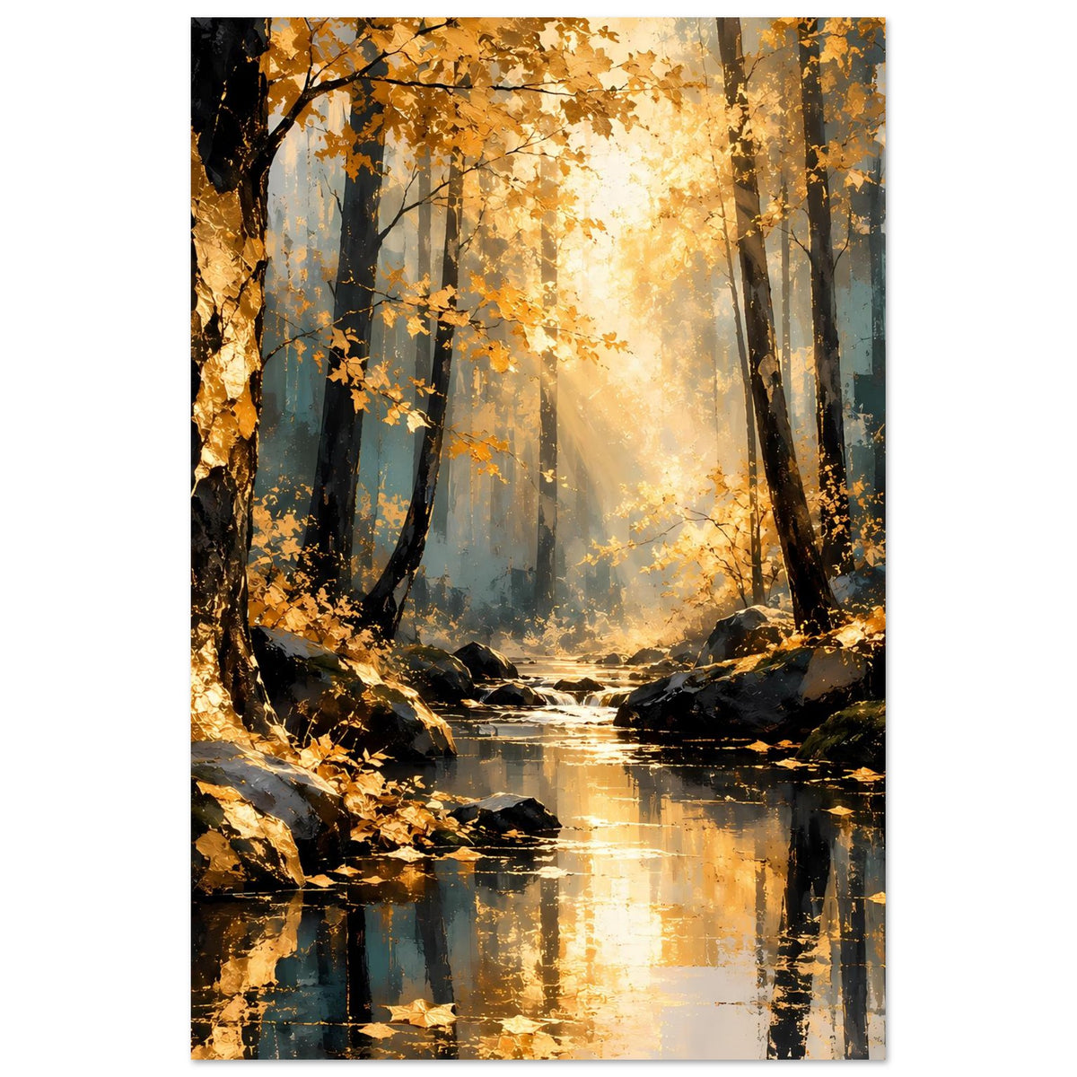 Vertikales Poster mit Herbstwald und Sonnenlicht, dunkle Bäume, Bach und glänzende Reflexe