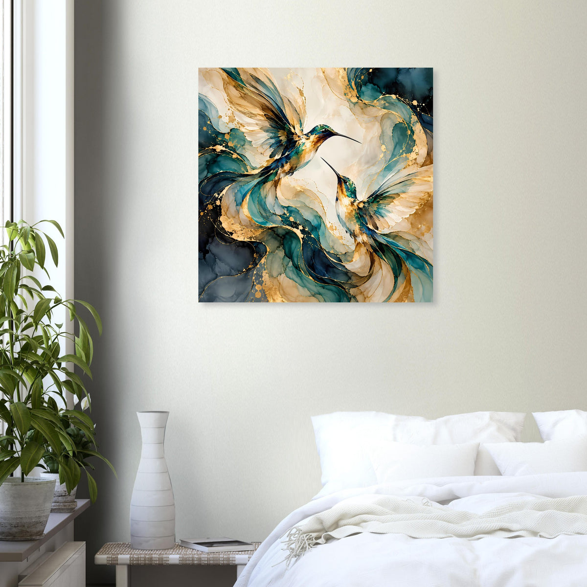Quadratisches Vogelposter mit Kolibris in Blau und Gold, abstrakte Aquarellfarben