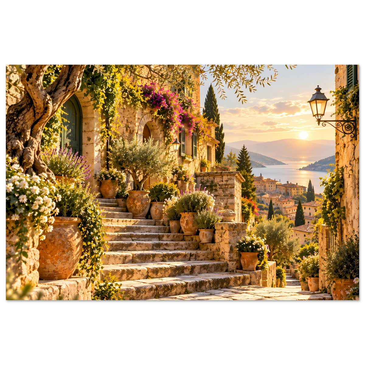 Mediterranes Sonnenuntergangs-Poster, breite Ansicht der Steinstufen mit Blumentöpfen