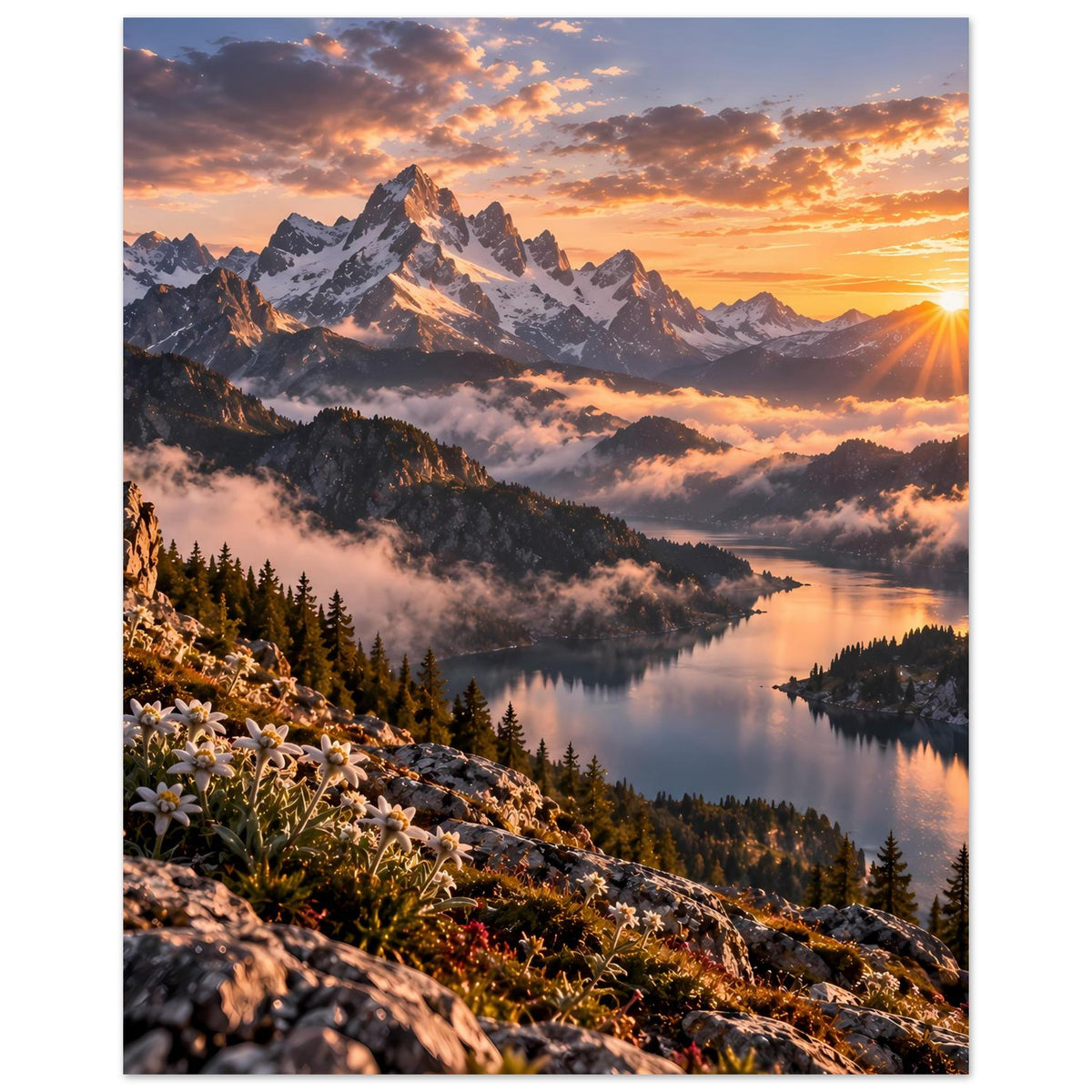 Bergsee-Poster mit Alpen und Sonnenaufgang, ruhiger See und Wald im Vordergrund