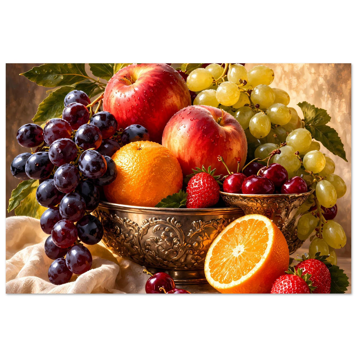 Fruchtstillleben-Poster mit Obst in Metallschale: Trauben, Äpfel, Orange und Erdbeeren