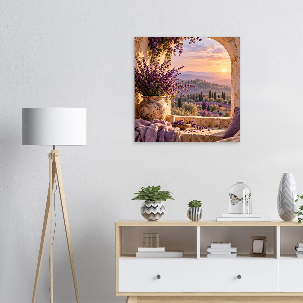 Quadratisches Poster mit Lavendelblüten, Weinfass und Sonnenuntergangslandschaft