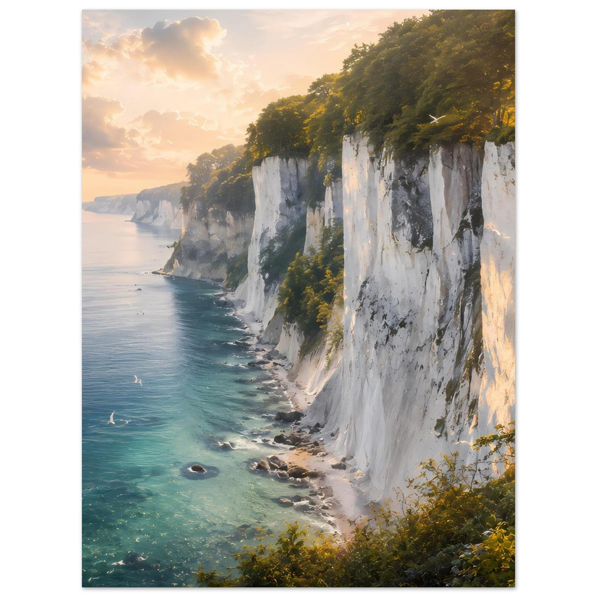 Poster mit Küstenklippen: weiße Kreidefelsen, türkisblaues Meer und grüne Bäume im Sonnenlicht