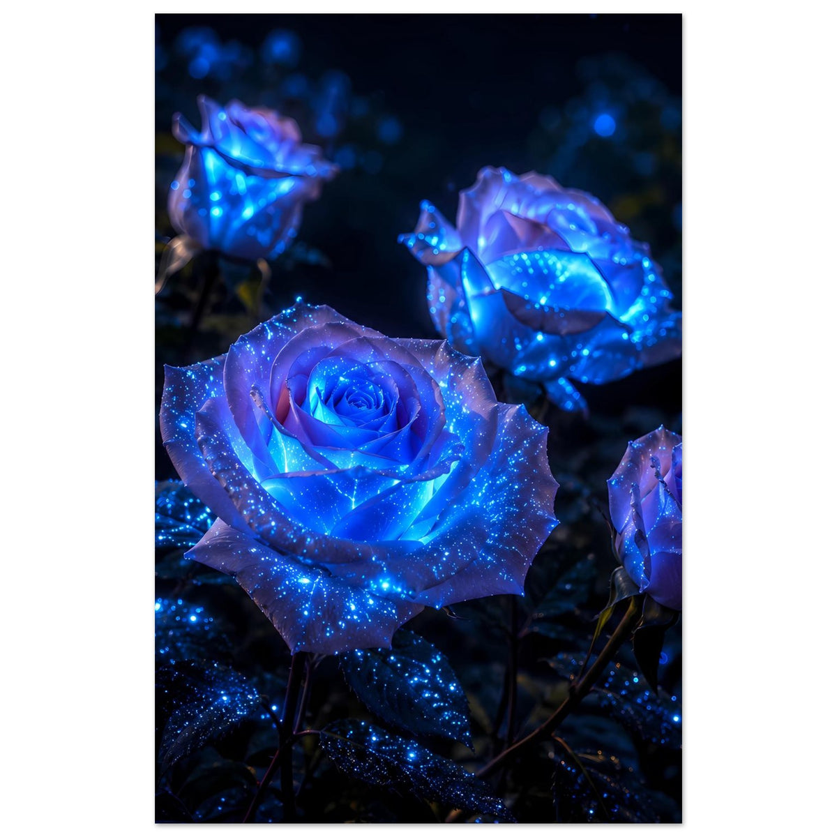 Poster im Hochformat mit zentraler blauer Rose und seitlich versetzten leuchtenden Blüten.