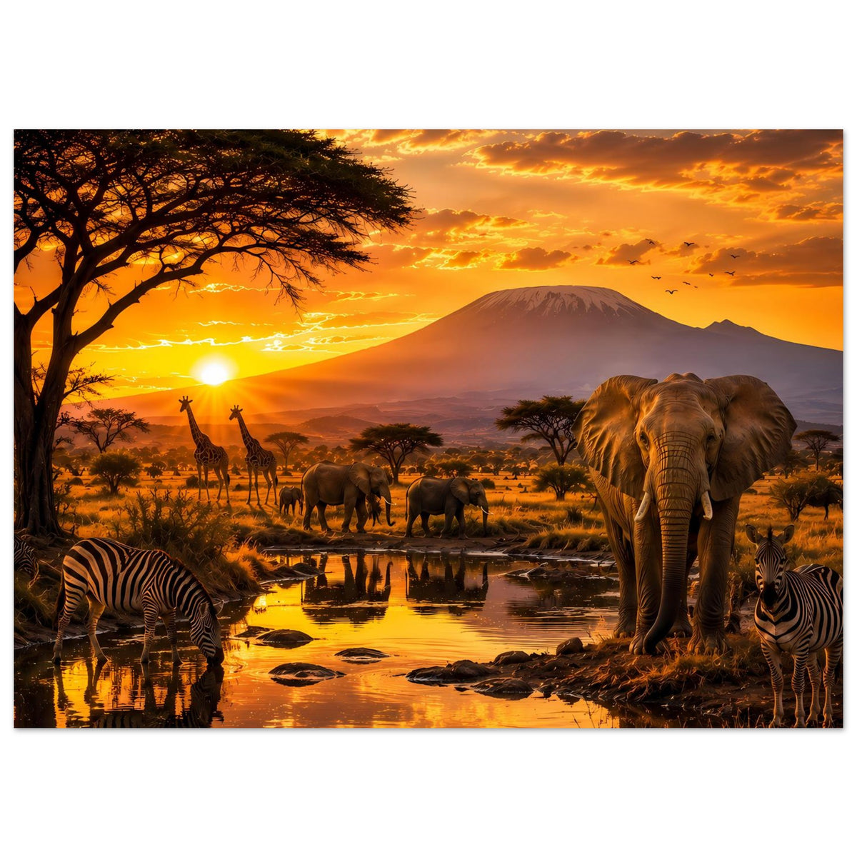 Wandposter im Querformat mit Elefanten, Zebras und Giraffen vor Berg und Wasserloch bei Sonnenuntergang