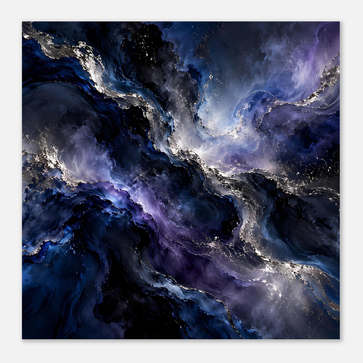 Quadratisches Weltraum-Poster mit dunklem blauen Nebel, violetten Bereichen und silbernen Partikeln