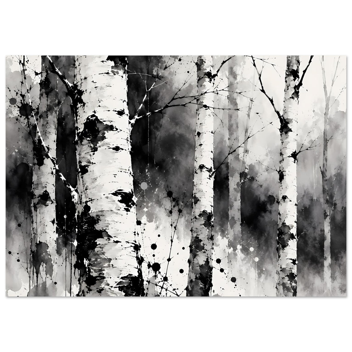 Monochromes Birkenwald-Kunstposter im Querformat, schwarz-weiß mit kontrastreichen Baumstämmen