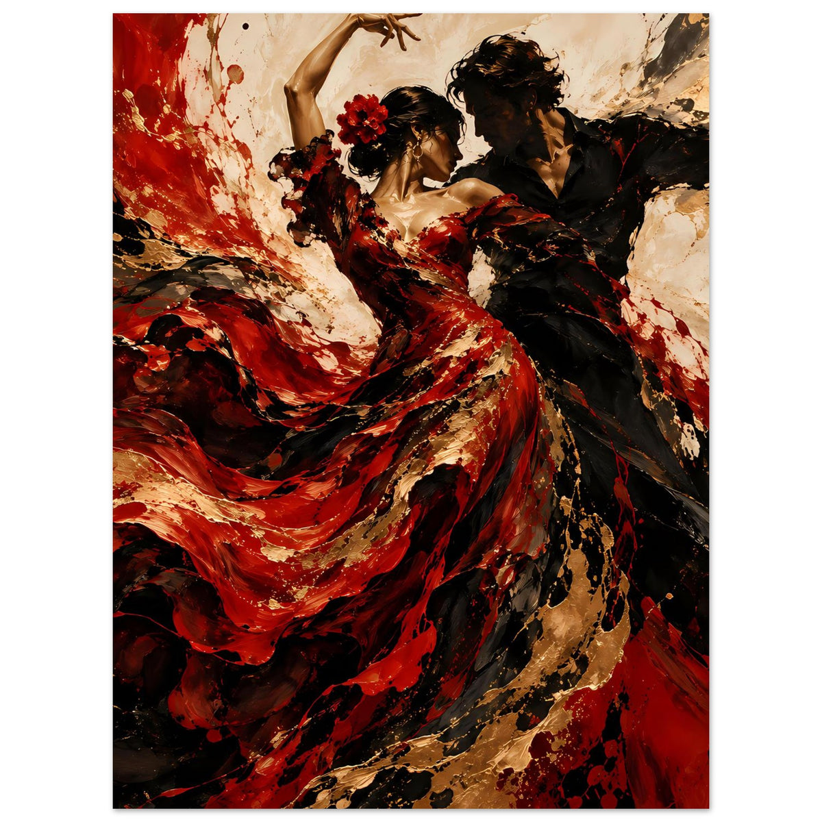 Poster mit Flamenco-Tanzmotiv: Frau im roten Kleid, Mann rechts, Gold- und Schwarzdetails