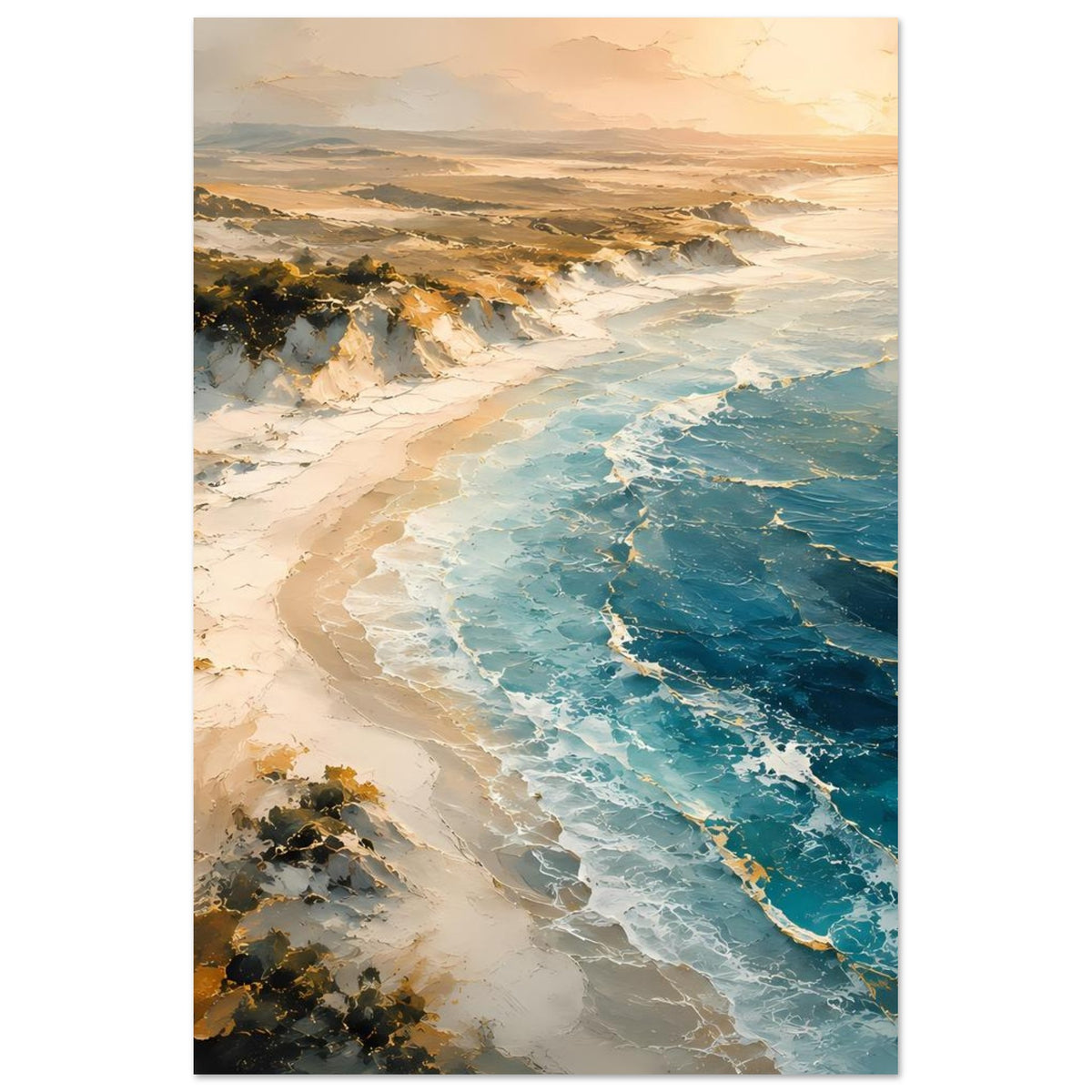 Meerstrand-Poster mit geschwungener Küstenlinie, türkisblauem Wasser und Schaum