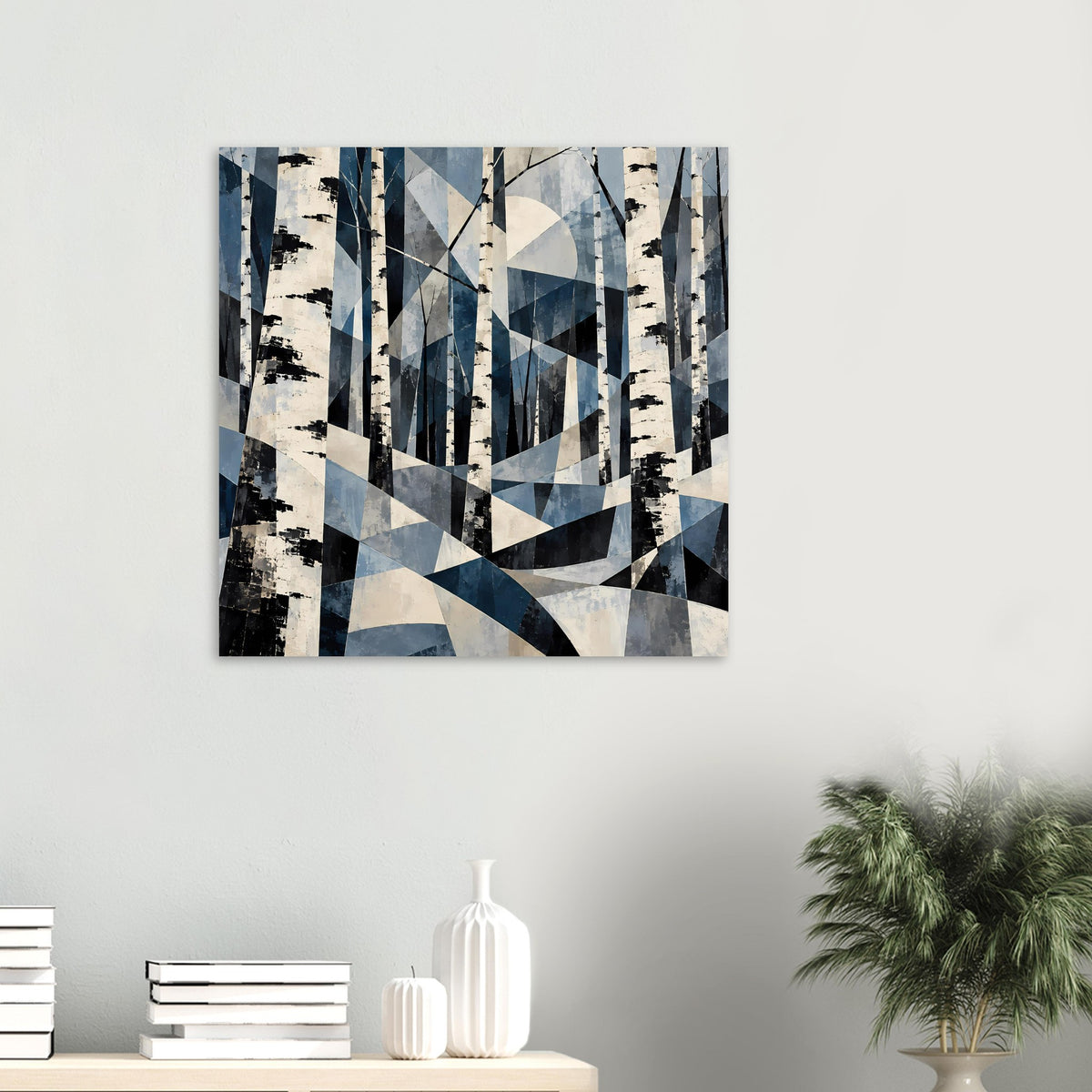 Abstraktes Birkenwaldposter in Blau mit geometrischen Rechtecken und Streifen