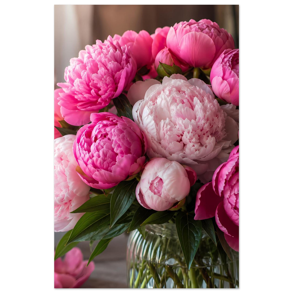 Hochformatiges Poster mit Pfingstrosen-Bukett in Pink und Creme, enger Bildausschnitt