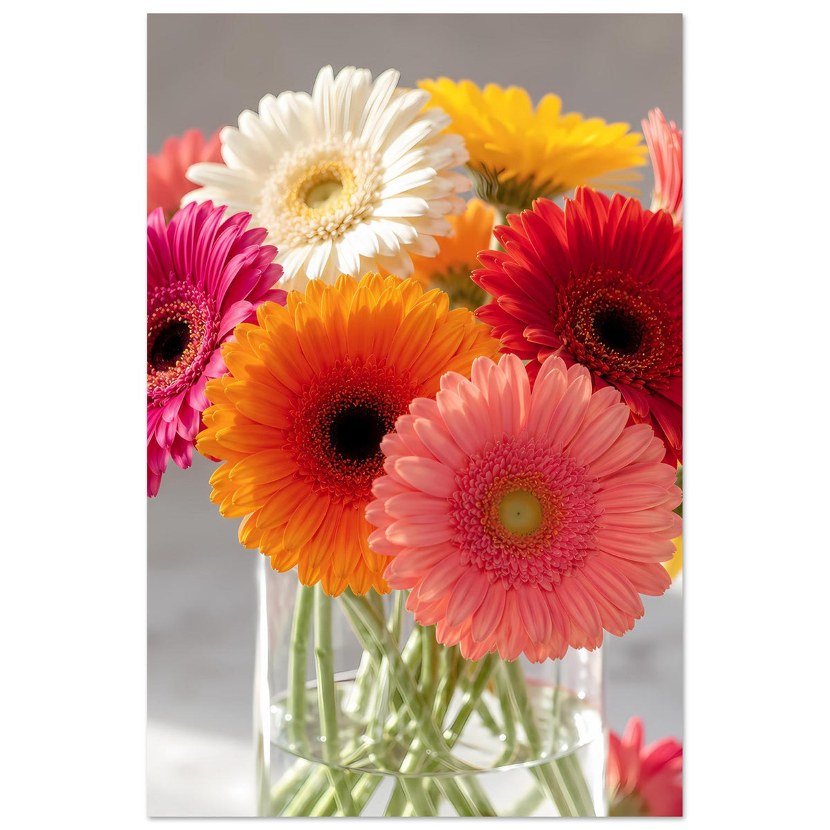 Vertikales Gerbera-Blumenstrauß-Poster: bunte Blüten mit sichtbarer Vase auf mattem Papier