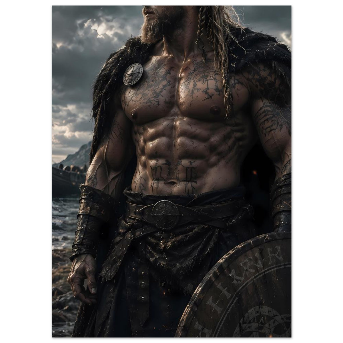 Fantasy-Wikingerkrieger-Poster: muskulöser Krieger mit Schild und Fellumhang, detaillierte Tattoos