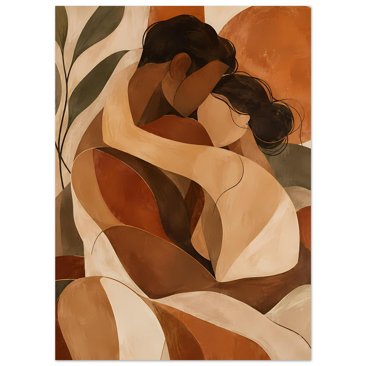 Kunstposter mit abstrakter Umarmung und flächigen Farbformen in Terrakotta und Beige