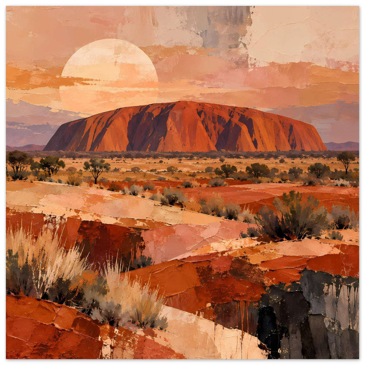 Uluru-Landschaftsposter (Hochformat): Felsberg und Wüstenlandschaft in warmen Erdtönen, Halbsonne.