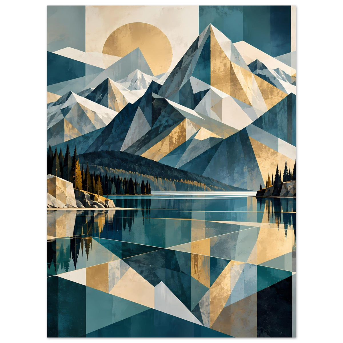Kunstposter mit geometrischen Bergen, Tannen am See und farbigen Dreiecksflächen in Blau/Beige