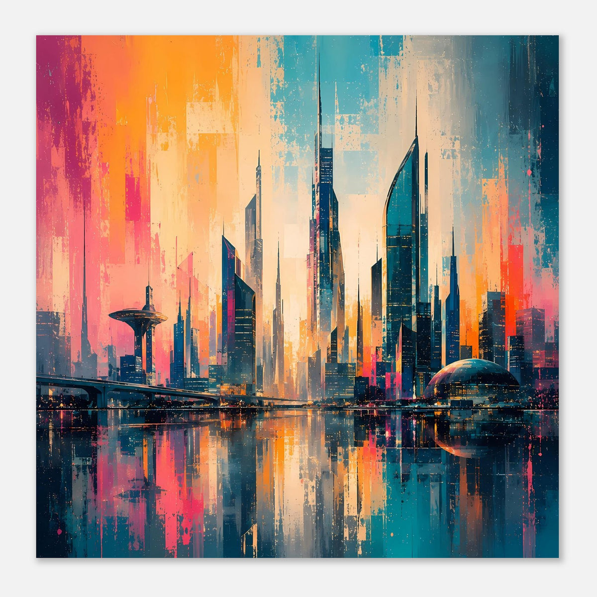 Querformat-Stadtpanorama-Poster mit Wolkenkratzern, buntem Himmel in Orange und Blau, spiegelndes Wasser.