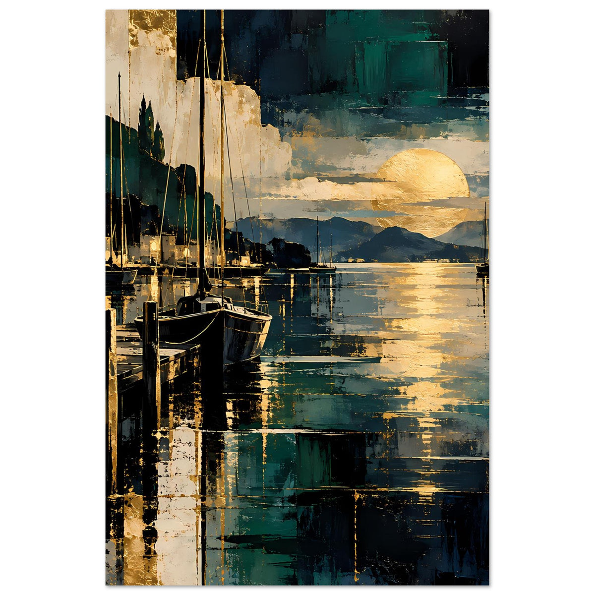 Maritimes Poster mit Segelbooten im Hafen, gelber Sonne über blau-grünem Wasser
