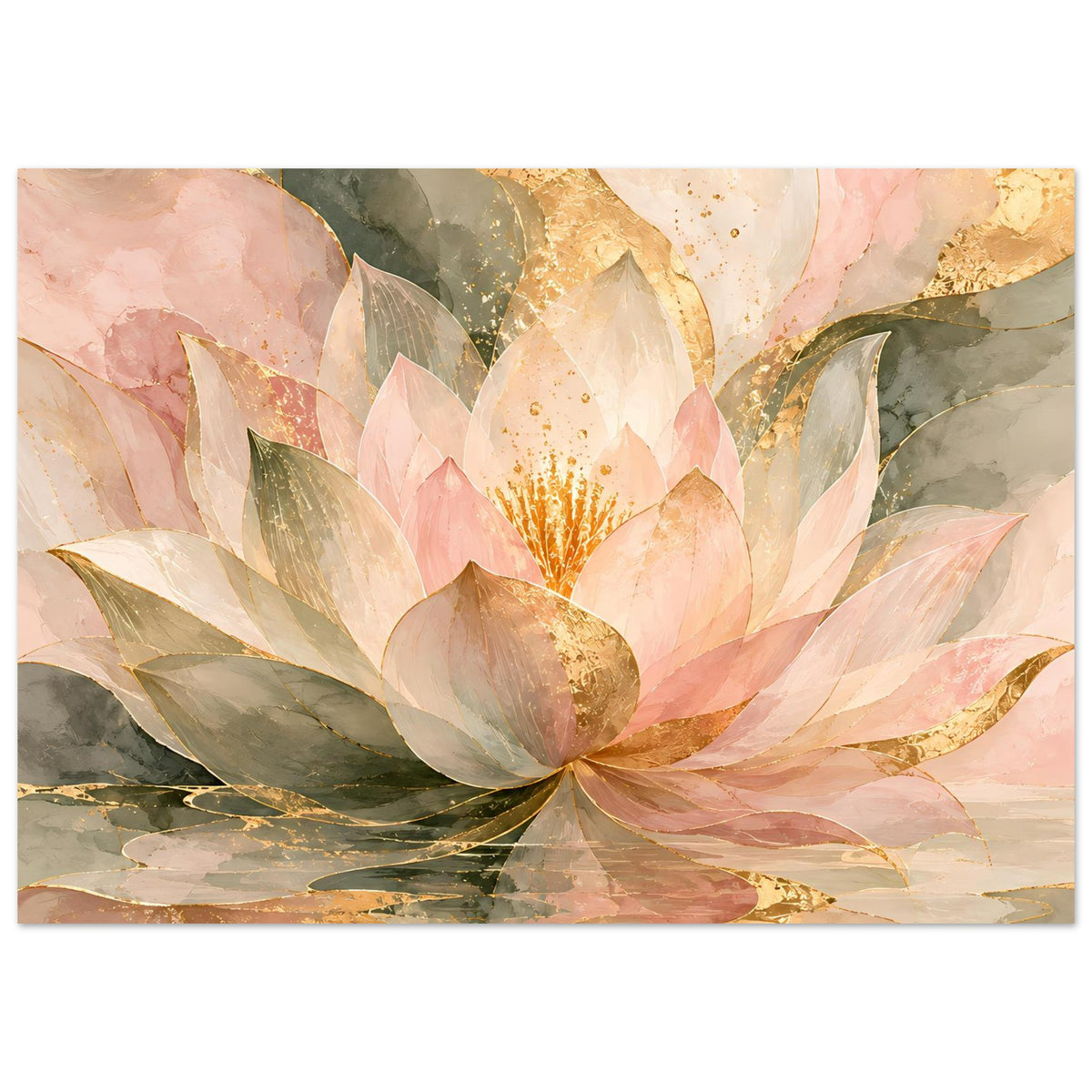 Lotusblüten-Poster in Rosé, Gold und Grün, horizontales Zen-Motiv