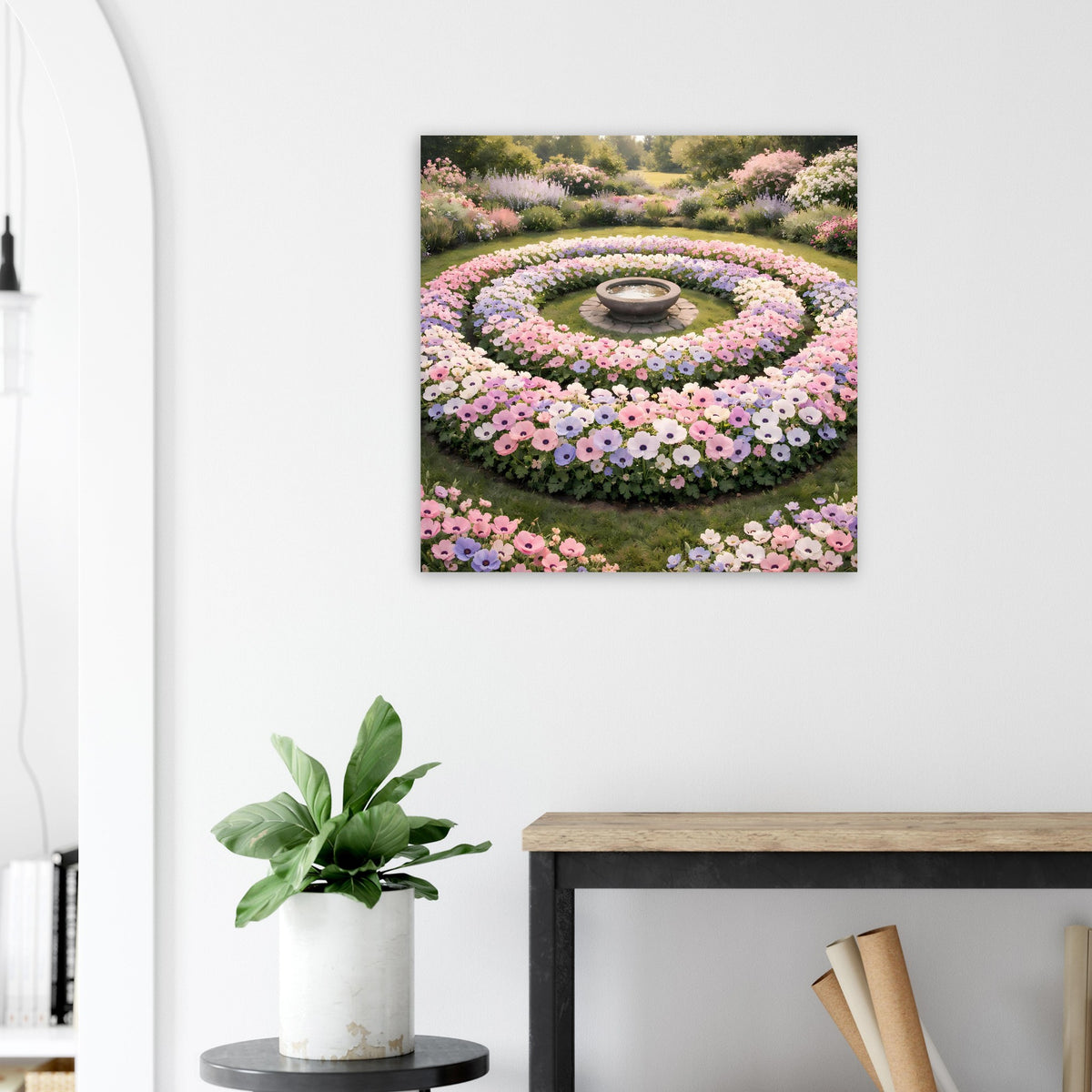 Quadratisches Poster: runder Blumengarten in Pastellrosa mit zentralem Schmuckbrunnen