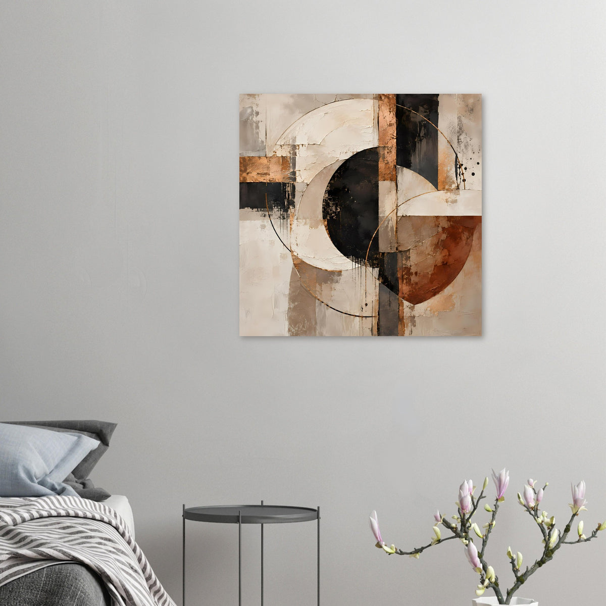 Abstraktes geometrisches Poster: beige, schwarz und rostbraun, Kreis- und Bogenmuster