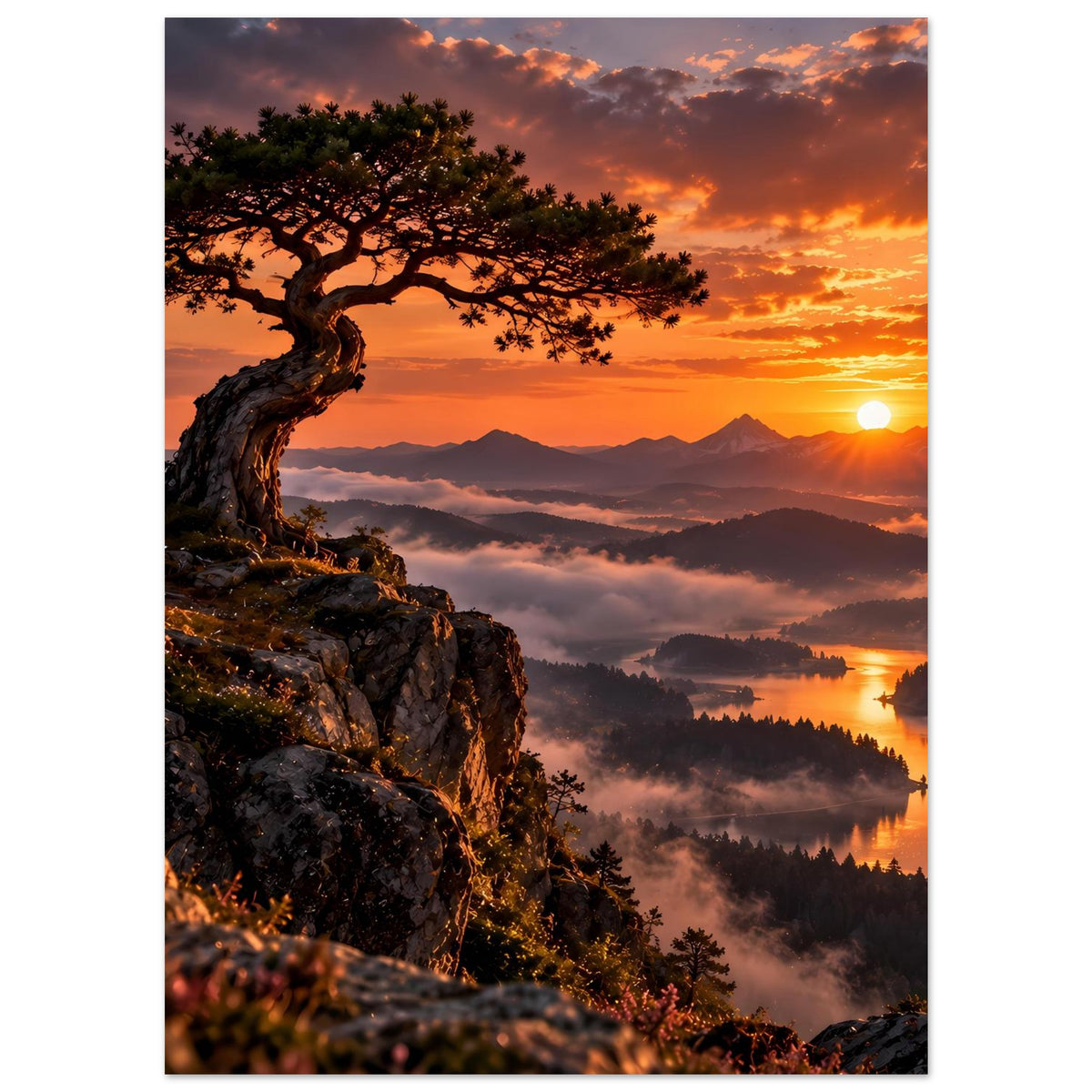 Vertikales Poster mit Baum auf Felsen im Vordergrund, Sonnenuntergang über Bergkulisse