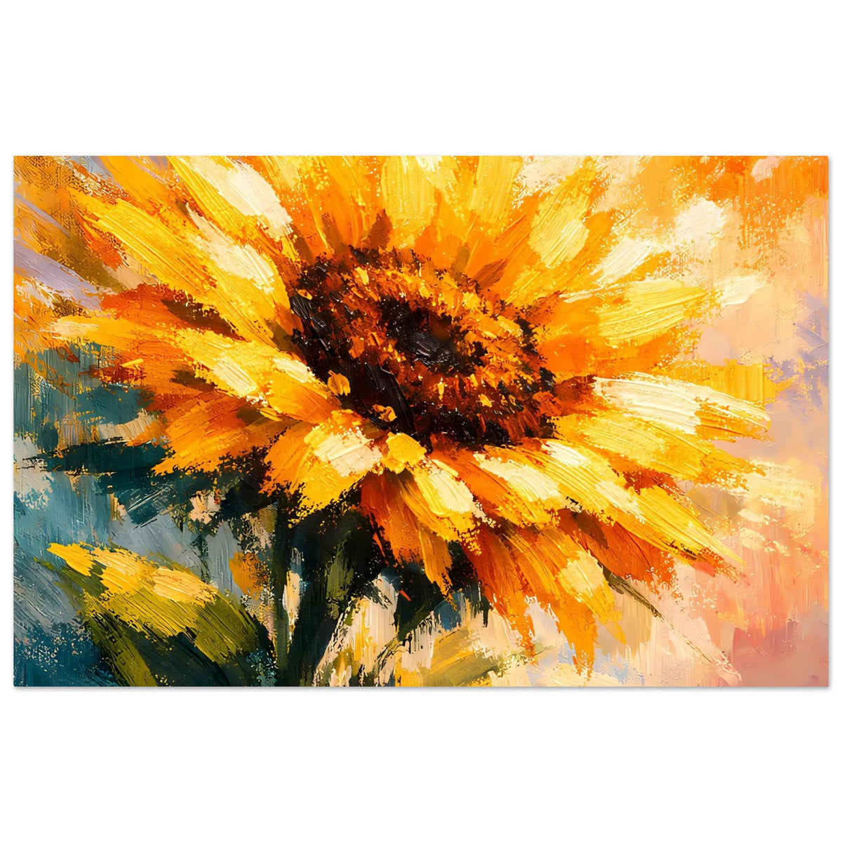 Horizontales Poster mit gemalter Sonnenblume in Gelb, Orange und dunklem Blütenzentrum.