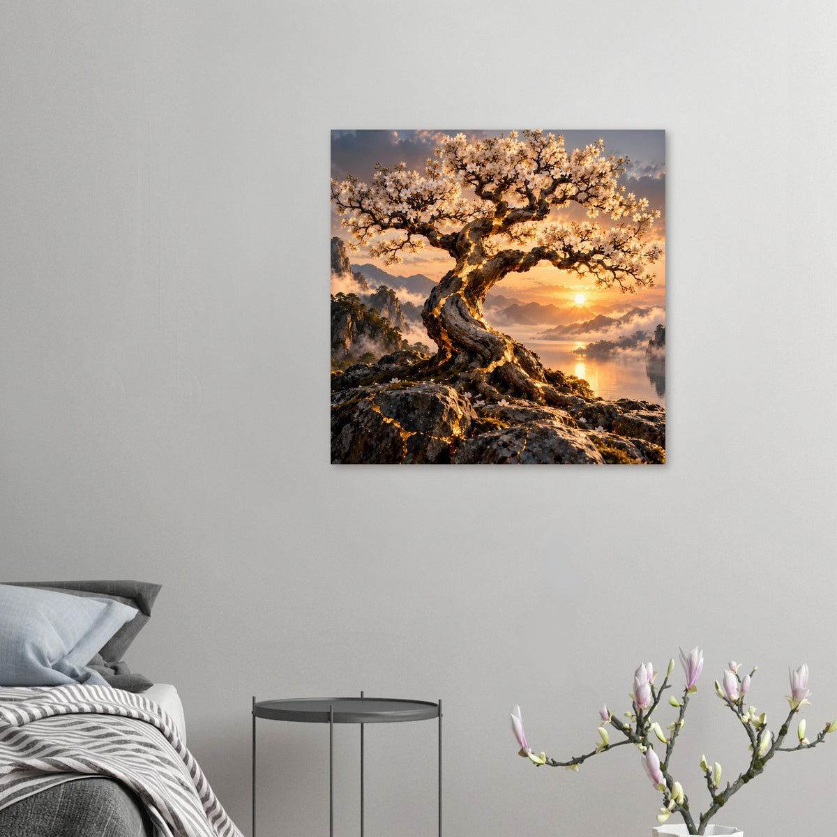 Quadratisches Poster: blühender Baum über Felsen, goldene Sonne am Horizont