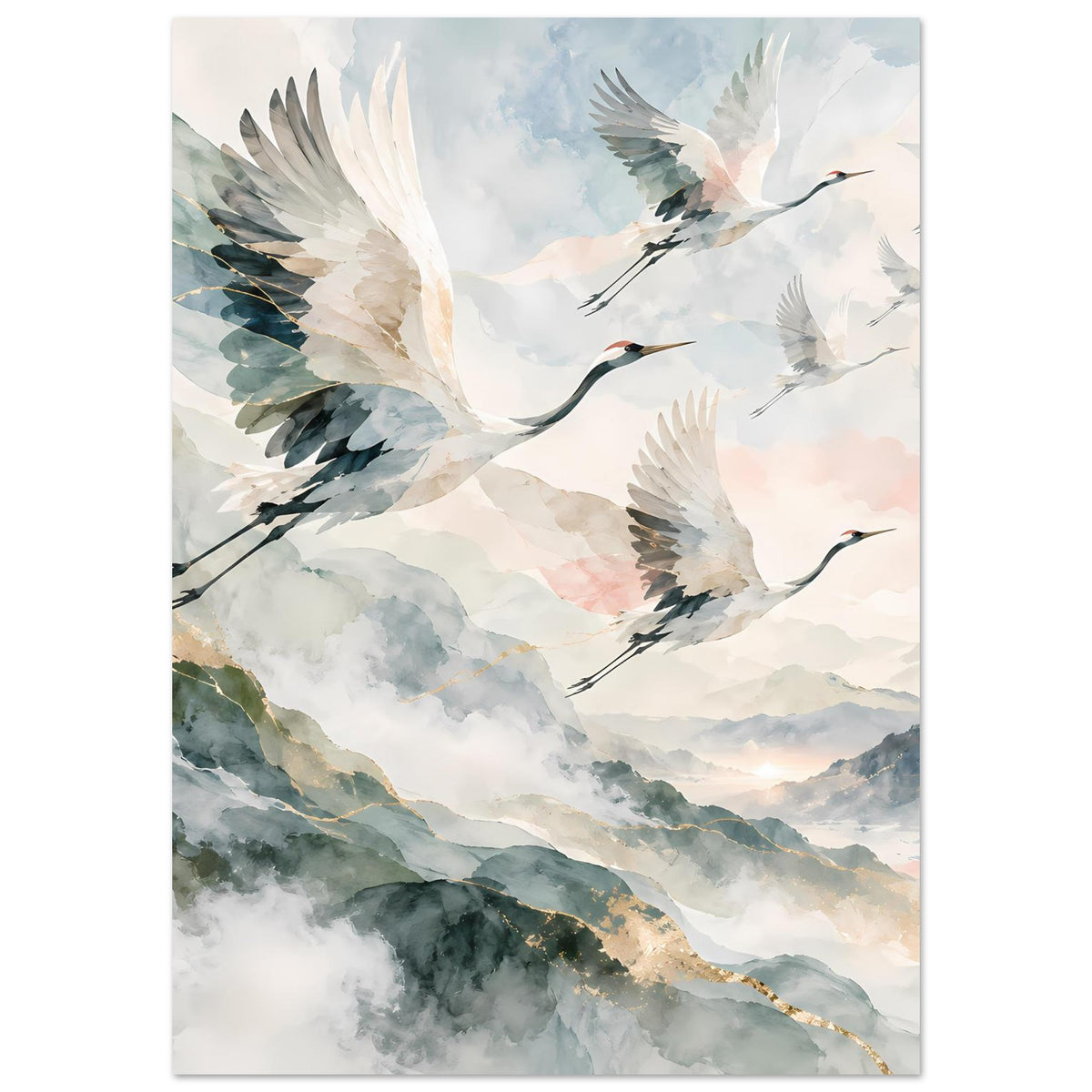 Vertikales Poster mit fliegenden Kranichen, sanfte Berge und Wolken in Pastell