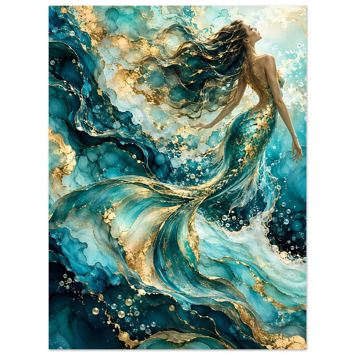 Meerjungfrau-Kunstposter, vertikal: goldene Wirbel in türkisblauen Tintenmeer