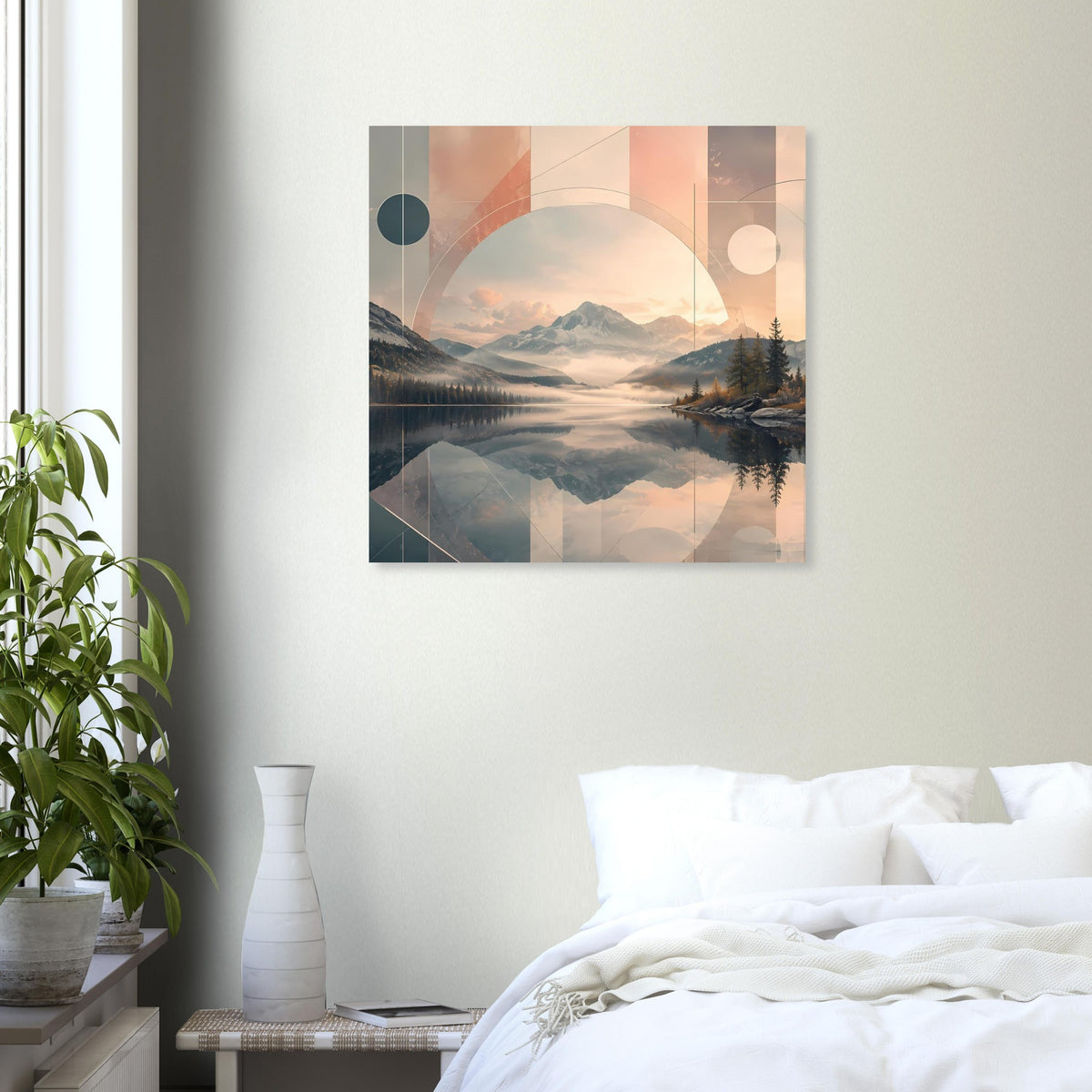 Quadratisches Poster mit ruhiger Bergsee-Motivik, geometrische Flächen in warmen Tönen