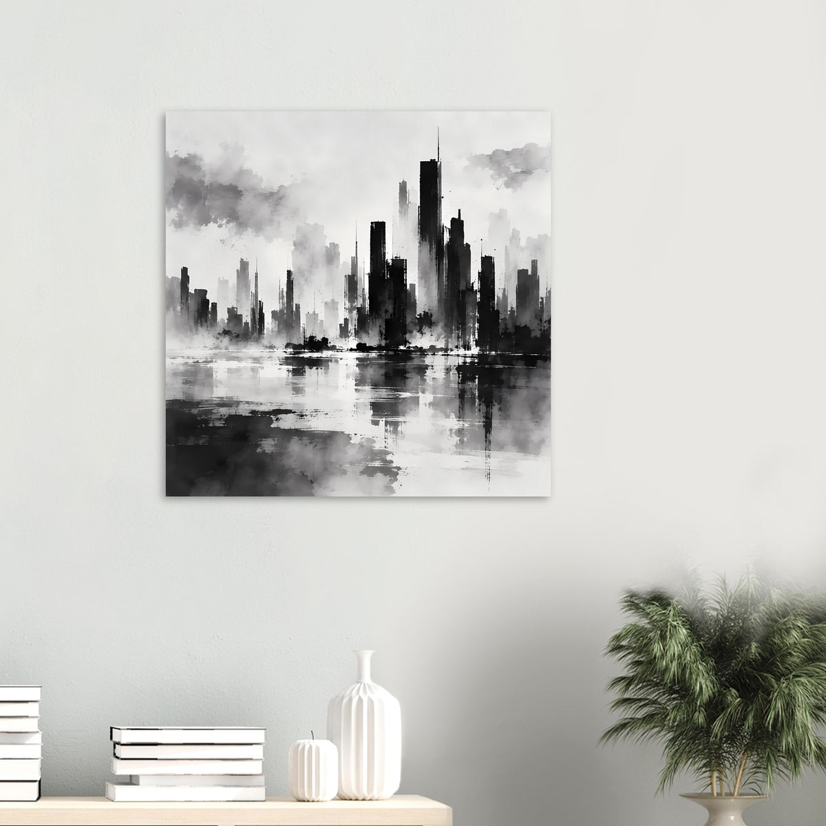 Schwarzweiß-Poster im Quadratformat mit Skyline-Silhouette und spiegelndem Wasser