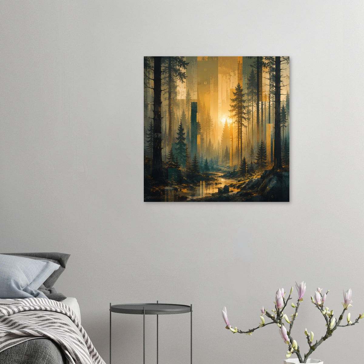 Wandposter mit Waldlandschaft: goldener Sonnenaufgang, Nadelbäume und Bachlauf